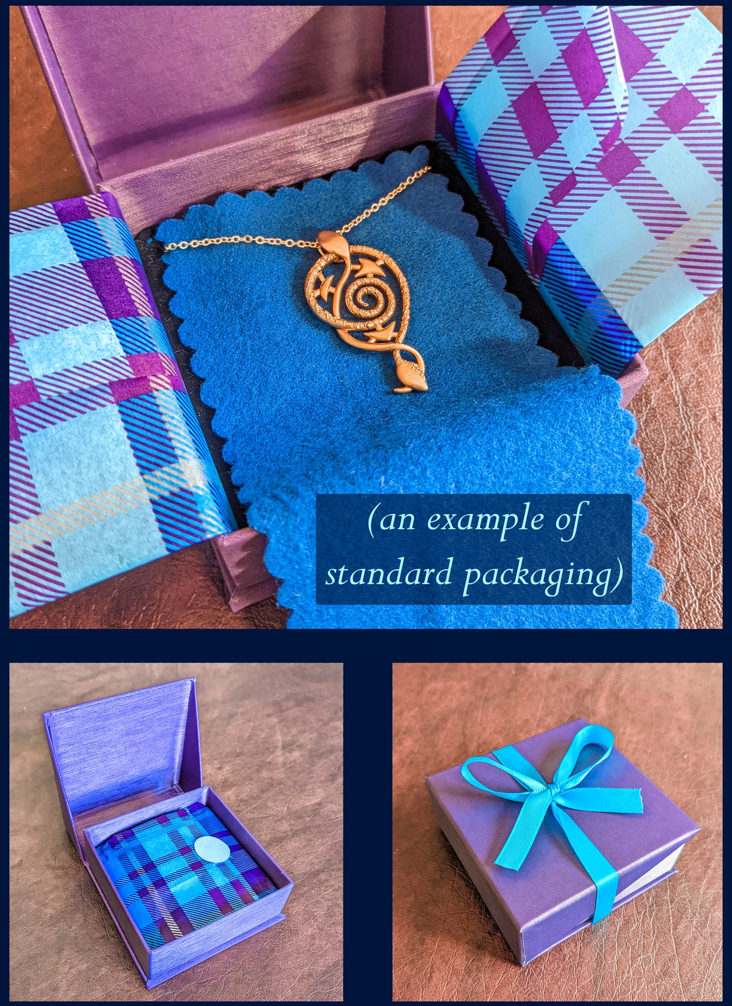 An example of standard packaging shows a square, shiny purple box tied with blue ribbon. It opens like a clamshell. Inside, jewelry on a blue cloth and matching decorative paper.